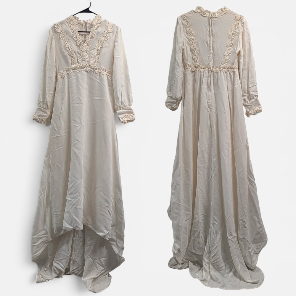 Cottagecore Prairie Gothic Velvet Lace Ivory High Low Maxi‎ Dress Vintage